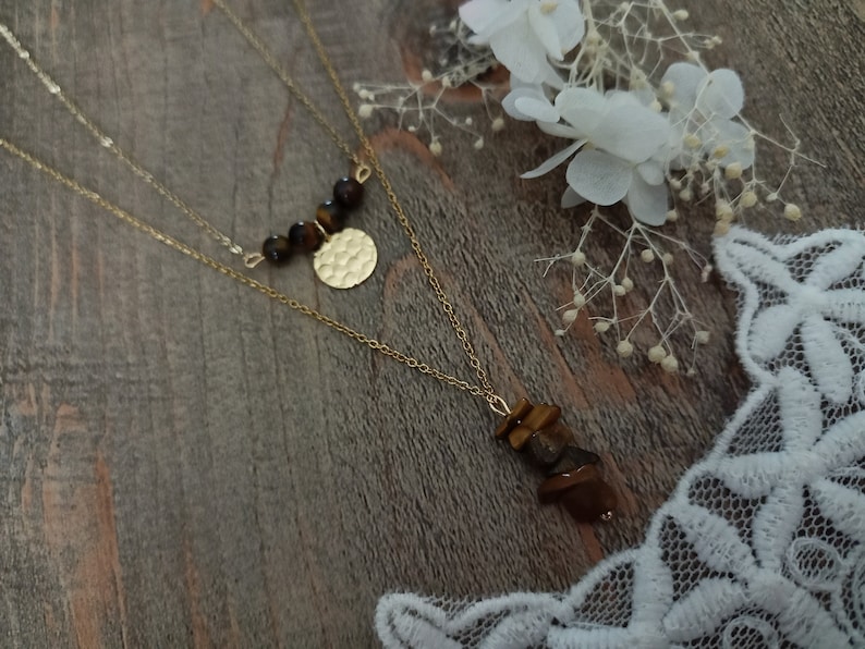 Tiger eye necklace natural stones gold filled baroque stones chips woman Gold-Filled woman chain 14 k jewel gift woman France