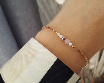 natural stone bracelet Rose gold stainless steel mother-of-pearl quartz bracelet rose gold chakra jewelry France Handmade women&#39;s gift
