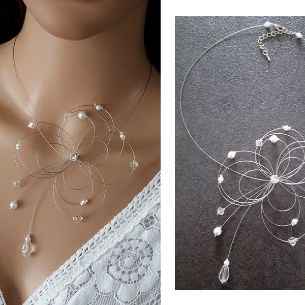 collier fleur -collier fait main moderne contemporain collier mariage perles blanche cristal bohème chic boho mariage soirée France