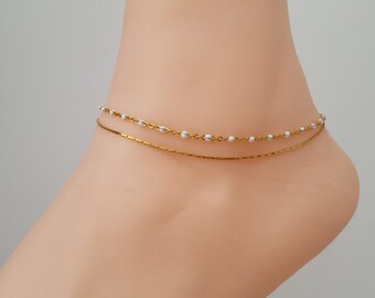 Ankle bracelet double turns gold filled 14k minimalist foot jewel beach chain resin serpentine gift woman ankle France