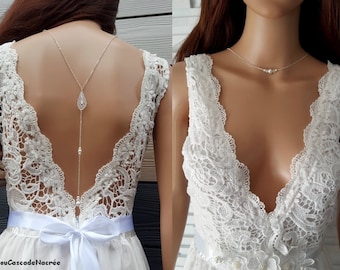 Collier dos nu - Emmy - acier inoxydable blanc argent bijou de dos nu plume décolleté - collier mariage - acier  - France feuille