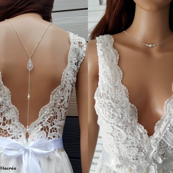 Collier dos nu - Emmy - acier inoxydable blanc argent bijou de dos nu plume décolleté - collier mariage - acier  - France feuille