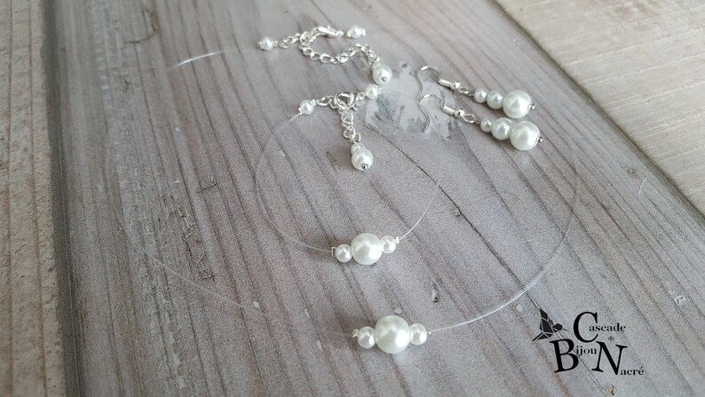Pearl necklace Solitaire ras neck disco-pearl shamballa white rhinestones-transparent thread invisible nylon-discreet necklace bride-France