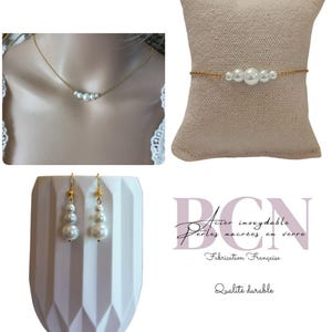Detachable gold stainless steel wedding pearl set - bridal necklace - bridal jewelry set, bracelet, earrings Louise