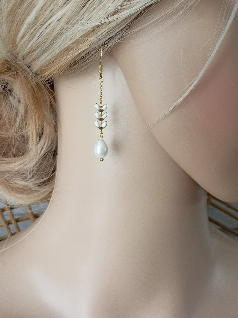 wedding jewelry set Boho set of pearls white boho bridal drop classic gold epi of wheat chain customizable France® image 3