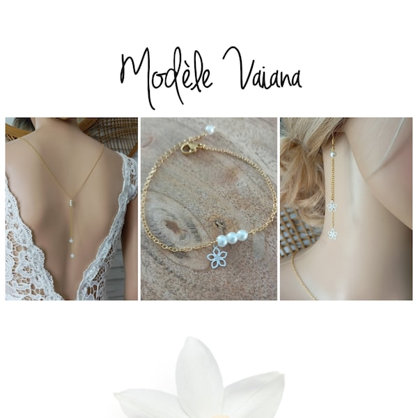 parure bijoux mariage fleur or - Vaiana - ensemble de perles- blanc mariée décolleté  - chaine or fleur frangipanier - personnalisé France®