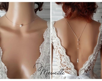 Back necklace - Merveille - white stainless steel - bridal back necklace - neckline - backless necklace - wedding necklace - fine necklace - France®