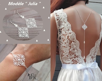 parure bijoux mariage-ensemble bijoux-Julia-parure blanche argenté- bijou de dos décolleté-losange baroque - bridal lace jewelry-necklace