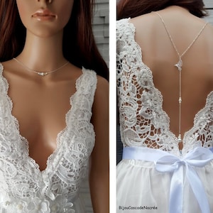 Back necklace - Dove - silver-white stainless steel - backless neckline jewelry - wedding necklace - steel - bridal lace jewelry -