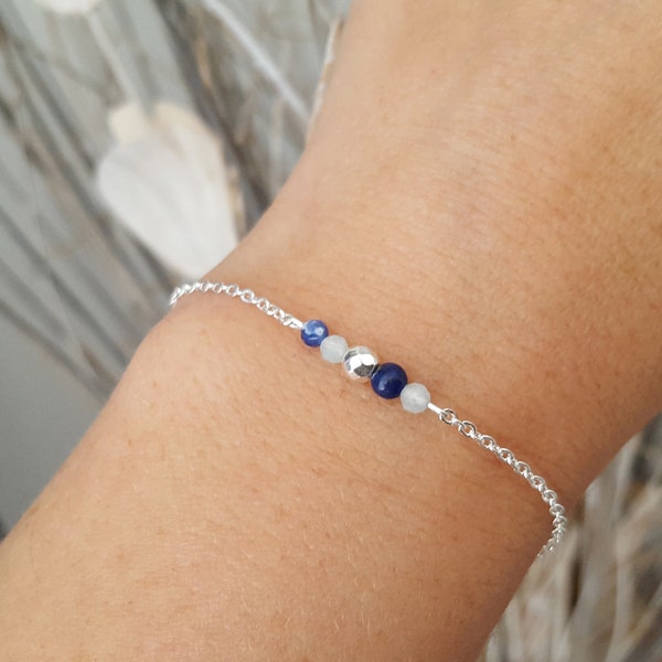 bracelet pierres naturelles 925 - bracelet Lapis lazuli Aigue marine pierre naturelle argent massif fine 925 chakra France Cadeau