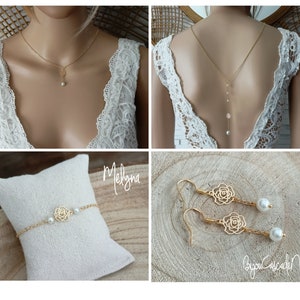 conjunto de joyas de flores de boda de acero inoxidable conjunto de perlas novia boho Melyna blanca cadena de oro de flor rosa personalizable imagen 1