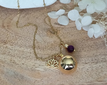 Bola de grossesse fleur de lotus pierre naturelle Charoite future maman cadeau femme enceinte collier bijou femme boule harmonie inox France