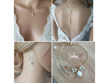 conjunto de joyas de boda - Boho - conjunto de perlas - gota nupcial boho blanca - epi de oro clásico de cadena de trigo - personalizable - Francia®