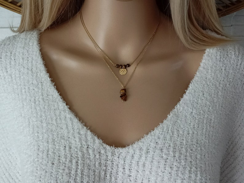 Tiger eye necklace natural stones gold filled baroque stones chips woman Gold-Filled woman chain 14 k jewel gift woman France