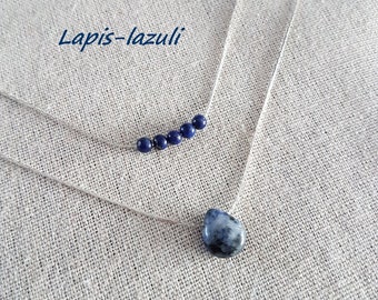 jewelry set - multi-row necklaces - natural stone necklaces Lazuli Sodalite drop layered necklaces minimalist silver Rhodied