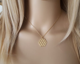 Necklace flower of life gold plated 3 microns necklace medal protection 18k woman necklace woman gold 18 carats lady gift woman France