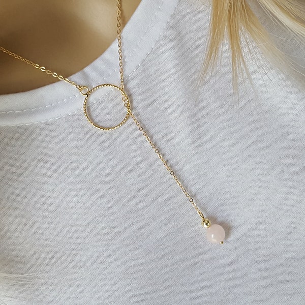 Necklace stone Rose quartz Gold Filled necklace Y plated Gold high quality woman jewel necklace woman circle chiseled mineral gift France