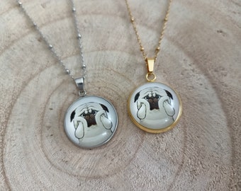 Funny dog collar cabochon glass in golden stainless steel, high definition photo, round pendant 18 mm in diameter, France