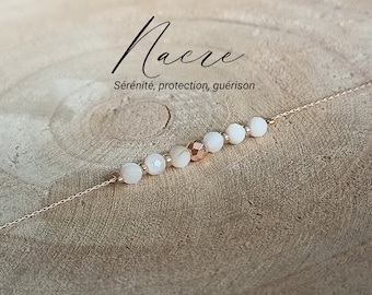 Mother-of-pearl bracelet stainless steel rose gold stones, semi-precious serpentine chain, stone jewelry, handmade wife friend gift