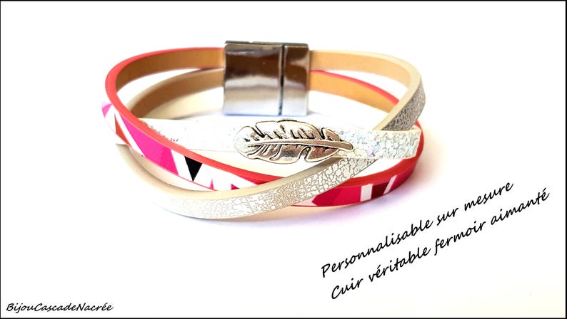Leather Bracelet white Fuchsia patterns geometric glittery feather leather cuff custom made hand