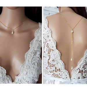 Gold stainless steel wedding necklace - Precious - white or ivory gold back necklace - wedding backless necklace - bridal lace jewelry -