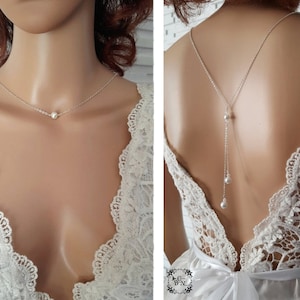 Wedding necklace - A l'Infini - stainless steel white or silver ivory back necklace - wedding backless necklace - bridal lace jewelry -