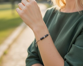 Pulsera de piedra natural labradorita - Joyería de acero inoxidable y plata - Pulsera de chakras con piedras semipreciosas - Fabricada en Francia - Regalo hecho a mano para mujer