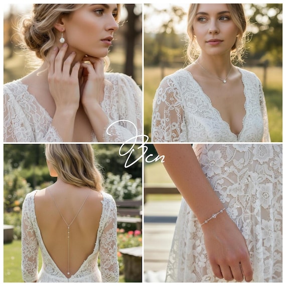 Set di gioielli da sposa in acciaio inossidabile e cristallo - Set di gioielli da sposa con scollatura in cristallo Swarovski zirconia - catena classica - France® - Italia