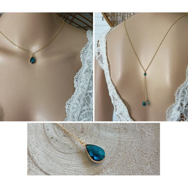 collier de dos goutte cristal bleu oxyde de zirconium collier dos nu quelque chose de bleu mariage fait main cadeau gold filled France