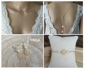 parure bijoux mariage - Bohème - ensemble de perles- blanc mariée boho promesse chaine classique or mandala rosace personnalisable - France®