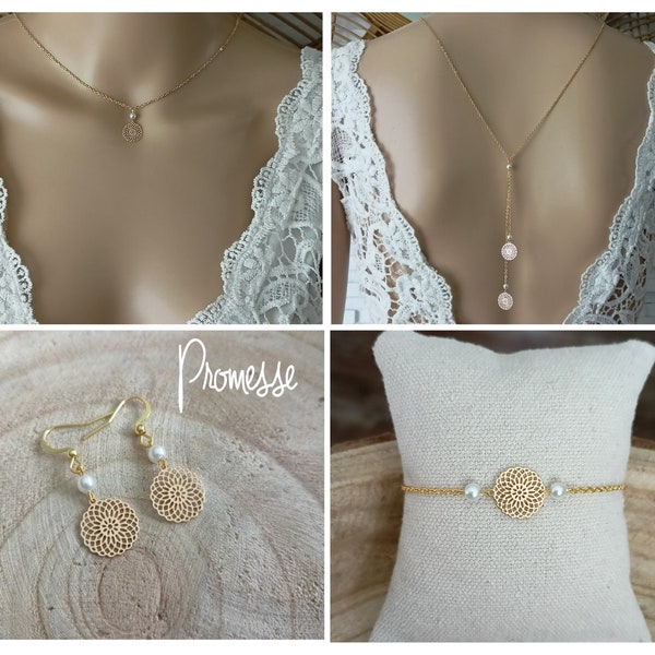 wedding jewelry set - Boho - set of pearls - white boho bride promise chain classic gold mandala customizable rosette - France®