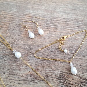 Wedding jewelry set white gold sparkle drop fine chain pearly pearls swarovski crystal handmade customizable image 2