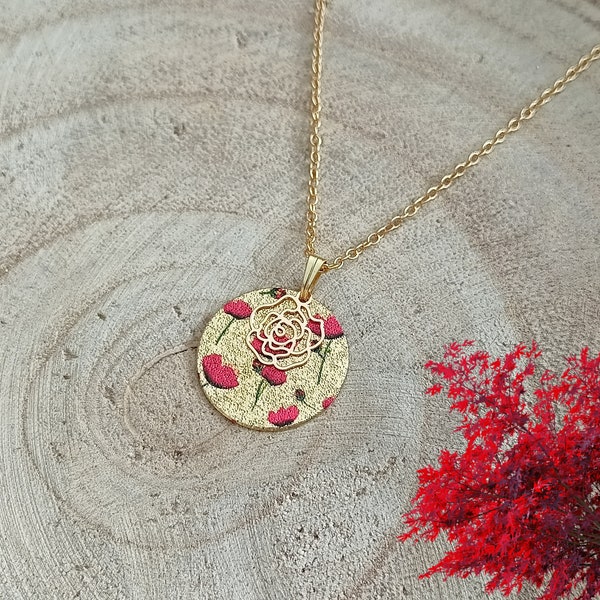 Collier coquelicot femme | émail acier inoxydable | pendentif coloré | cadeau anniversaire noel | Bijou fleur | bijou Fait main en France