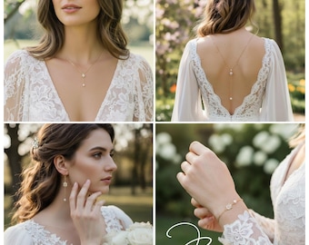 May include: A collage of bridal jewelry, including a delicate gold necklace, earrings, and bracelet, all adorned with pearls. The bride is wearing a white lace dress. The word "Ben" is written in cursive.