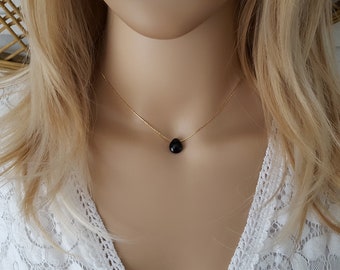 Women's Black Agate necklace - natural stone drop necklace handmade champagne serpentine chain necklace chakra France Women's gift