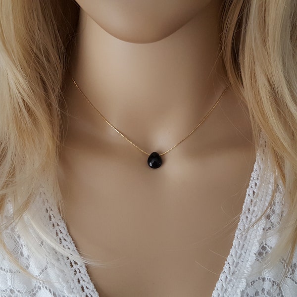 collier Agate Noire femme - collier goutte pierre naturelle collier chaine serpentine champagne fait main chakra France Cadeau femme