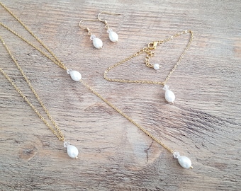 Wedding jewelry set - white gold sparkle drop fine chain - pearly pearls swarovski crystal handmade customizable