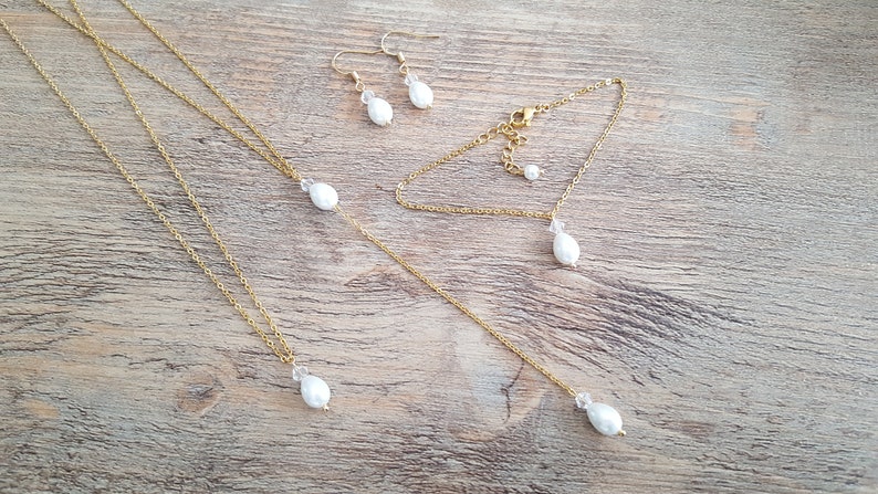 Wedding jewelry set white gold sparkle drop fine chain pearly pearls swarovski crystal handmade customizable image 1