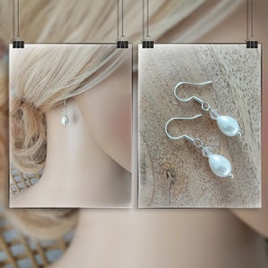 earrings drop silver 925 wedding - pearly white married silver - simple and minimalist curls customizable made in France