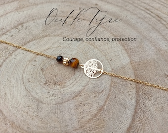 Tiger&#39;s Eye Bracelet Tree Natural Stones for Women, Semi-Precious Stone Bracelet, Stone Jewelry, Tree of Life Stainless Steel Gift for Friend