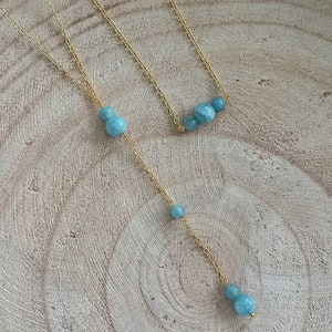 Acute marine necklace stainless steel gold - Handmade blue natural stone back necklace - Semi-precious stone backless necklace