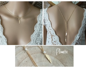 collier de dos plume acier inoxydable collier dos nu mariage doré or fait main collier cadeau Modèle déposé plumette France