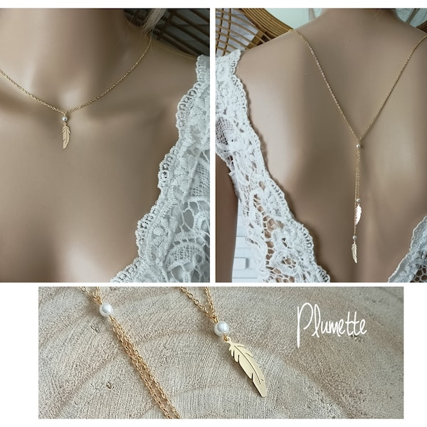 collier de dos plume acier inoxydable collier dos nu mariage doré or fait main collier cadeau Modèle déposé plumette France