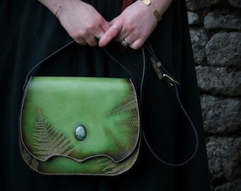 Fern green fern leather handbag, fern leaf leather bag