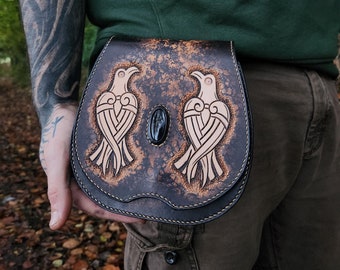 Hugin and Munin purse, brown leather belt bag, Viking bag