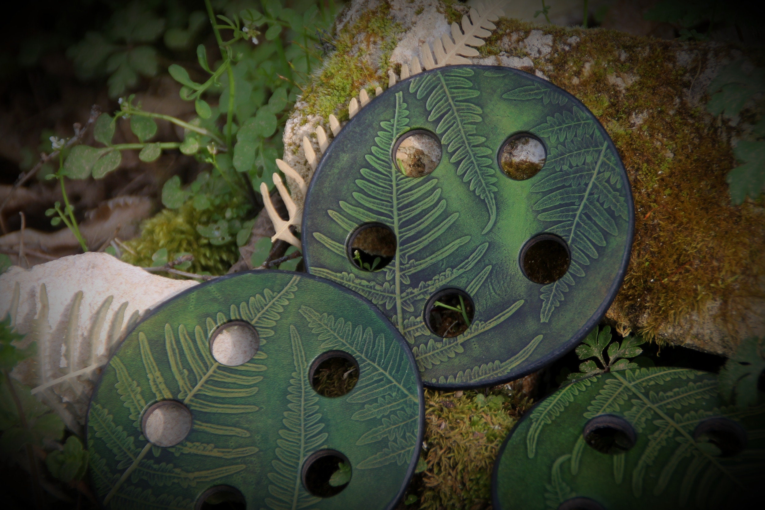Bobèche de Bouturage en Cuir Vert Motif Fougère