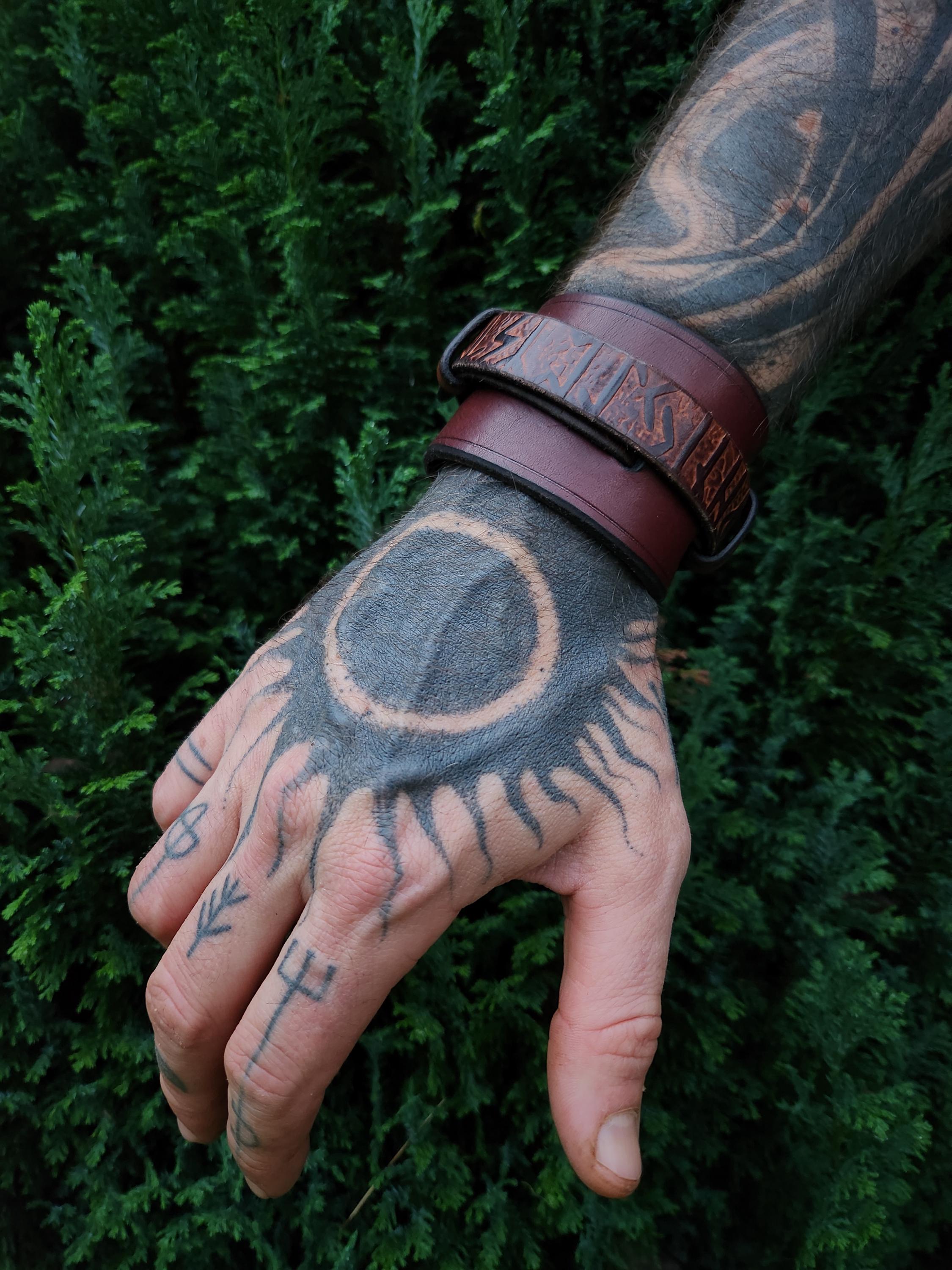 Runes or Celtic interlacing leather strength bracelet, Viking leather strength bracelet, brown leather strength bracelet
