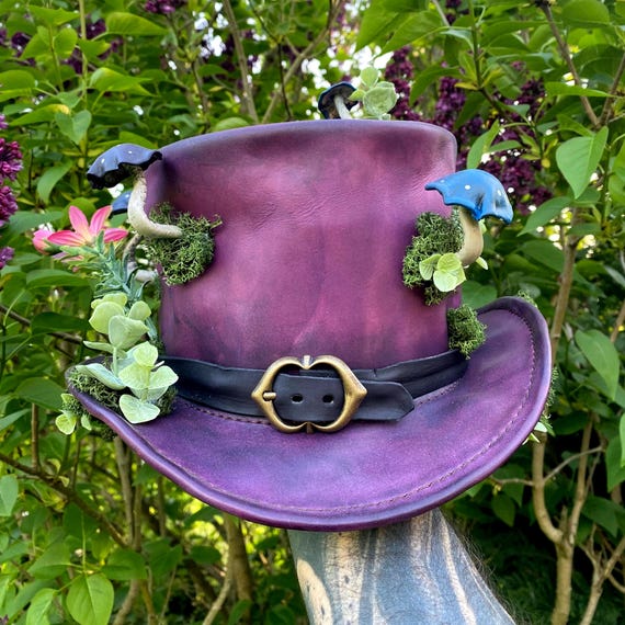 Chapeau Champignon Violet, chapeau en cuir original, chapeau de la Forêt, chapeau steampunk en cuir