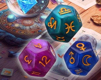 Magische Astrologie-Würfel, zwölfseitig, Sternzeichen - Zahlen - Planeten 3 Stück in den Farben blau violett grün