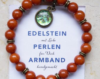 Achat Edelstein Armband rot Edelstein Perlen mit Bronze Elementen & Anhänger Steinarmband